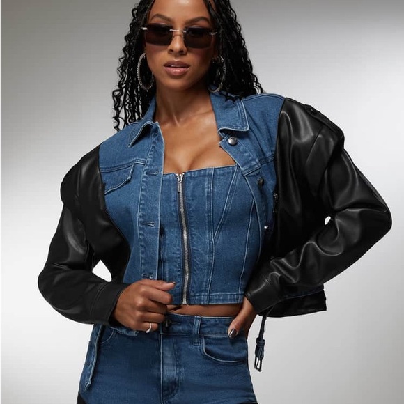 BEBE x CIARA VEGAN LEATHER COMBO DENIM MOTO JACKET